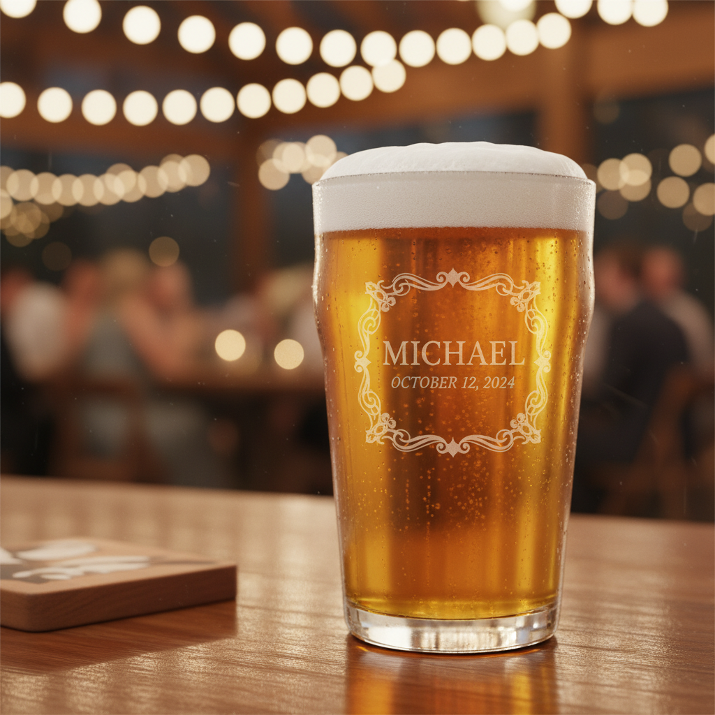 Square Label Personalized Pint Glass lifestyle shot showing the square label design with groomsman name and wedding date engraving in a real-world setting