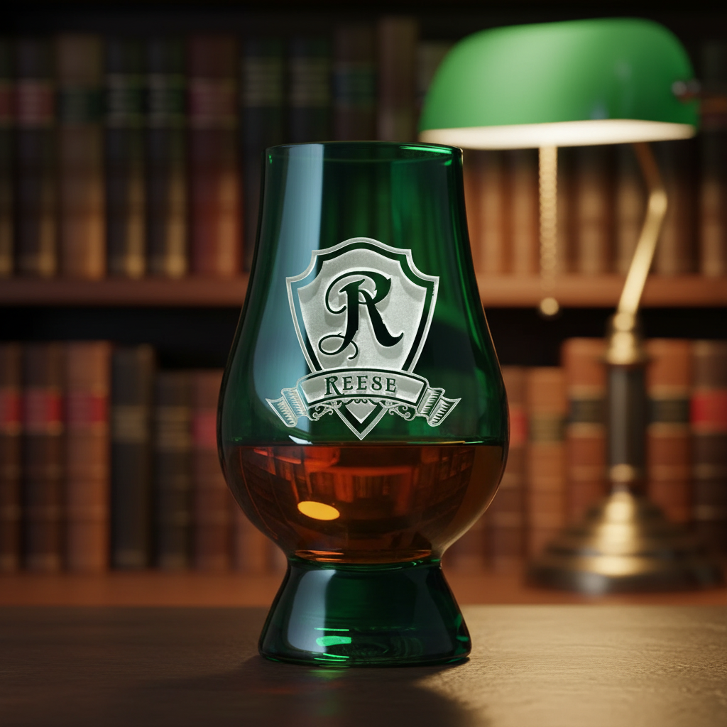 Heritage Crest Personalized Glencairn Glass lifestyle shot showing the single initial in heraldic shield with family name banner on an emerald green Glencairn glass engraving in a real-world setting