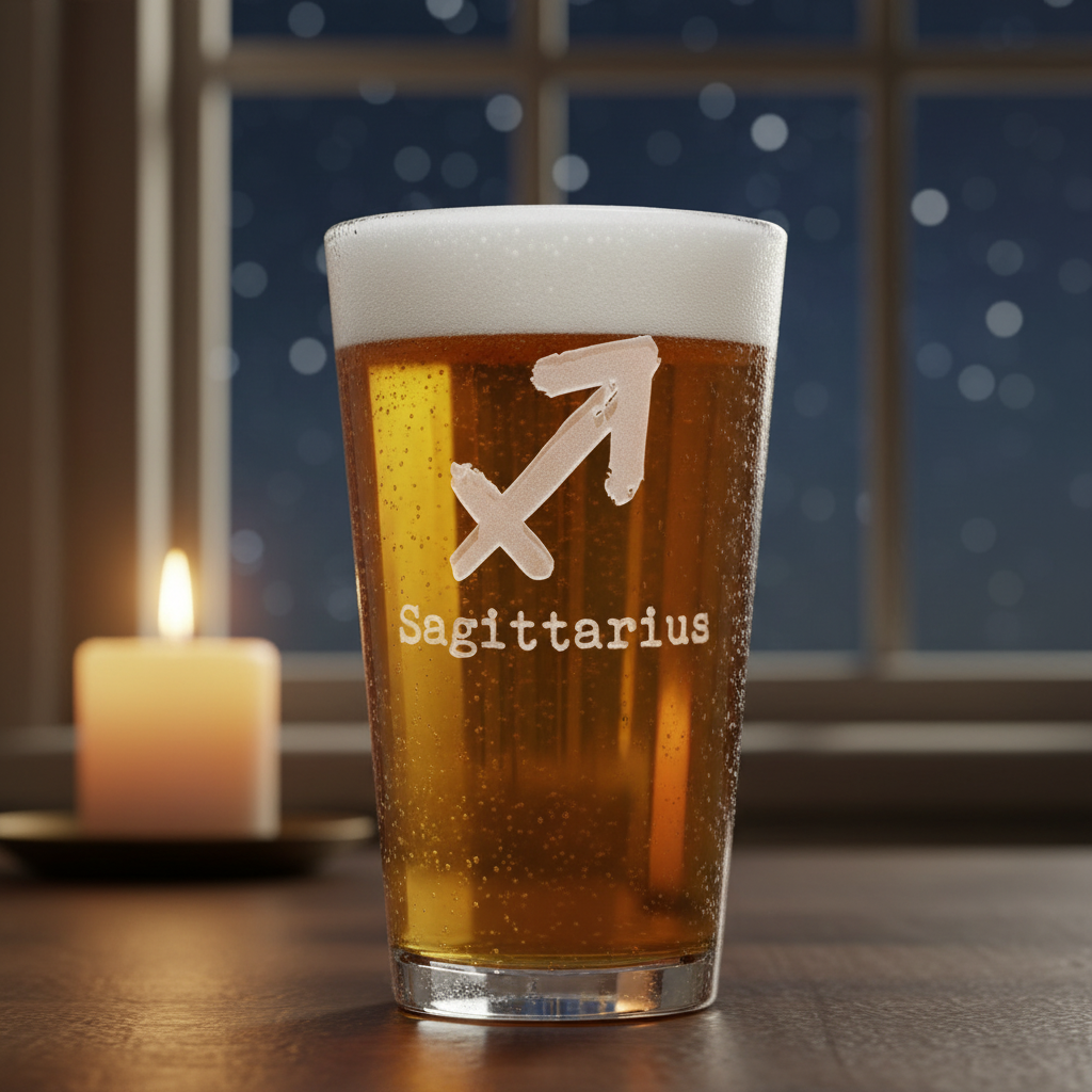 Zodiac Sign Pint Glass lifestyle shot showing the stock zodiac symbol with zodiac name in typewriter font engraving in a real-world setting