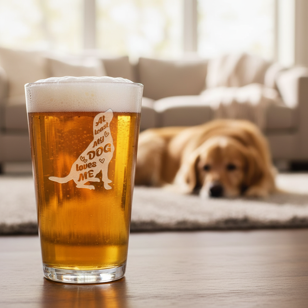 Dog Loves Me Personalized Pint Glass lifestyle shot showing the stock dog silhouette design with dog lover phrase engraving in a real-world setting