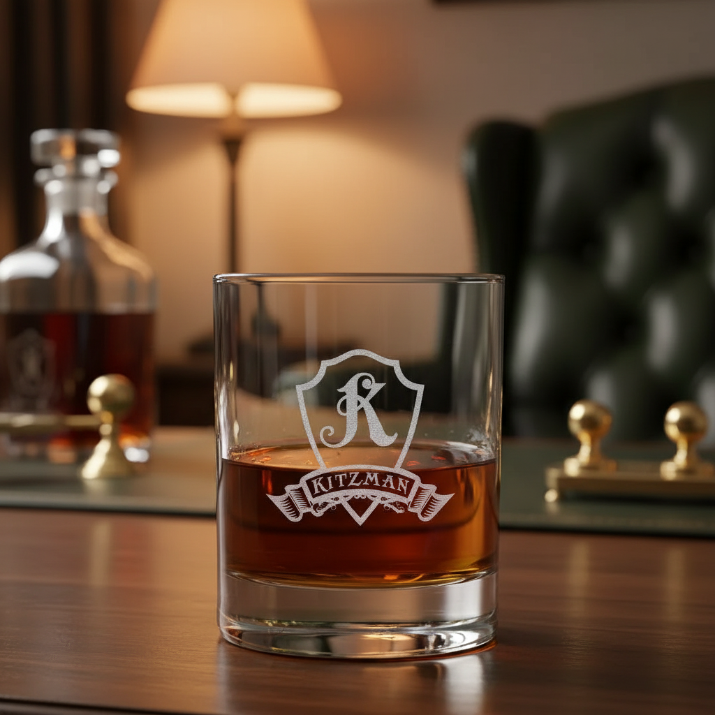 Banner Crest Personalized Whiskey Glass lifestyle shot showing the single initial in heraldic shield with family name banner engraving in a real-world setting