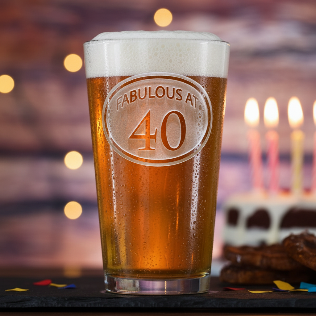 Fabulous At Personalized Birthday Pint Glass lifestyle shot showing the stock 'Fabulous At 40' design engraving in a real-world setting