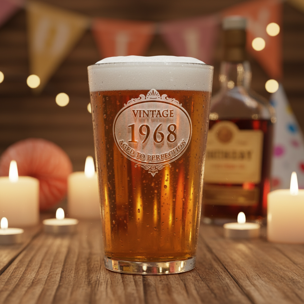 Vintage Birthday Beer Glass lifestyle shot showing the stock 'Vintage [year]' aged-to-perfection design engraving in a real-world setting