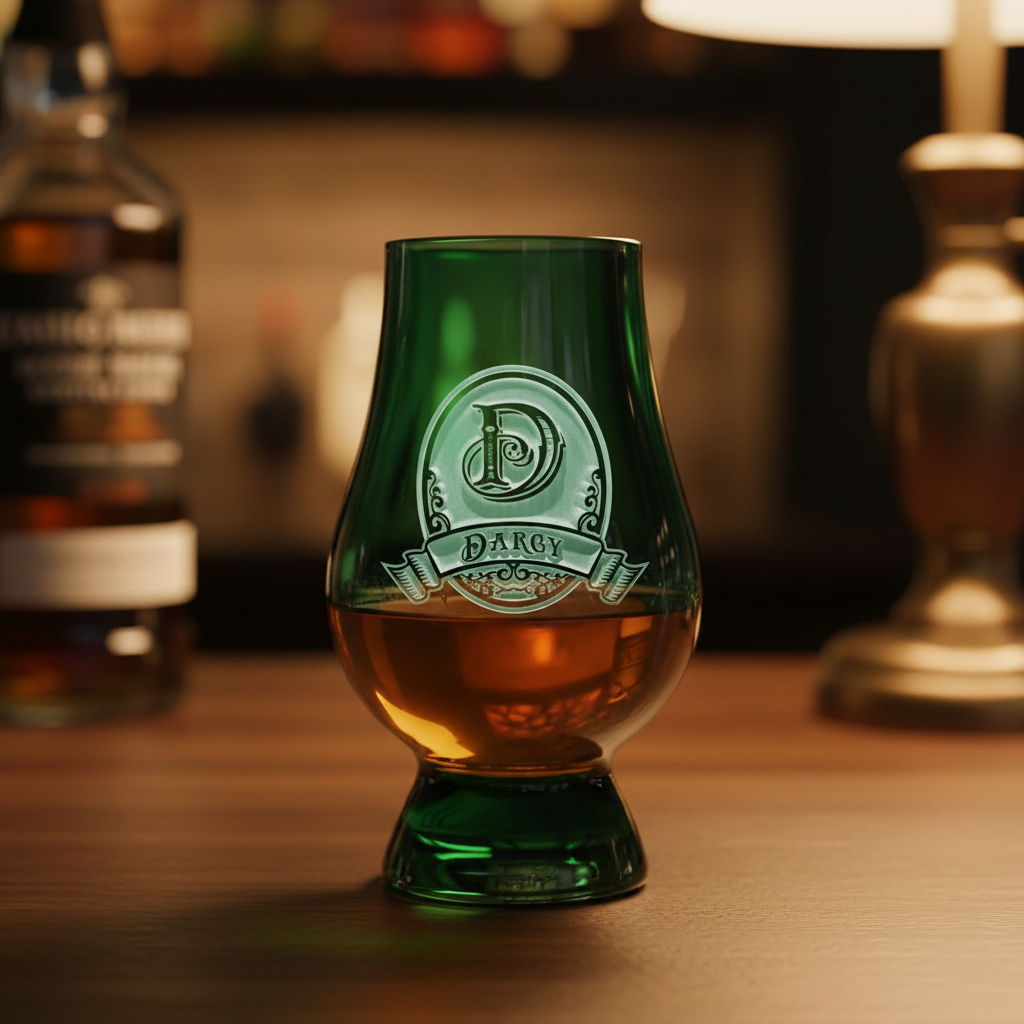 Pine Crest Personalized Glencairn Glass lifestyle shot showing the single initial in oval medallion with family name banner on a green Glencairn glass engraving in a real-world setting