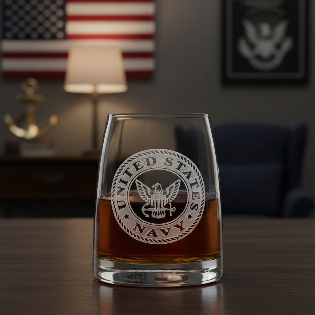 US Navy Seal Whiskey Glass lifestyle shot showing the official US Navy seal engraving in a real-world setting