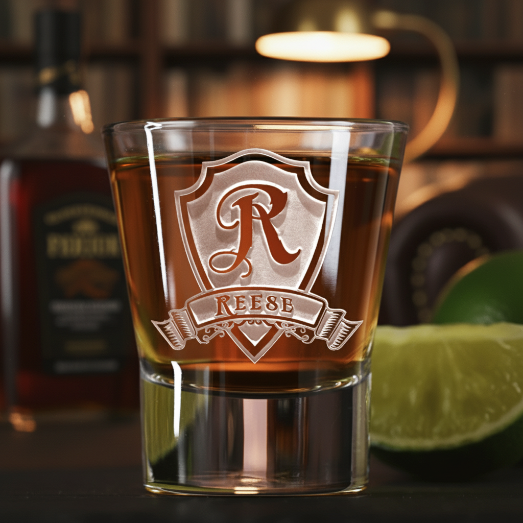 Shield Crest Personalized Shot Glass lifestyle shot showing the single initial in heraldic shield with family name banner engraving in a real-world setting