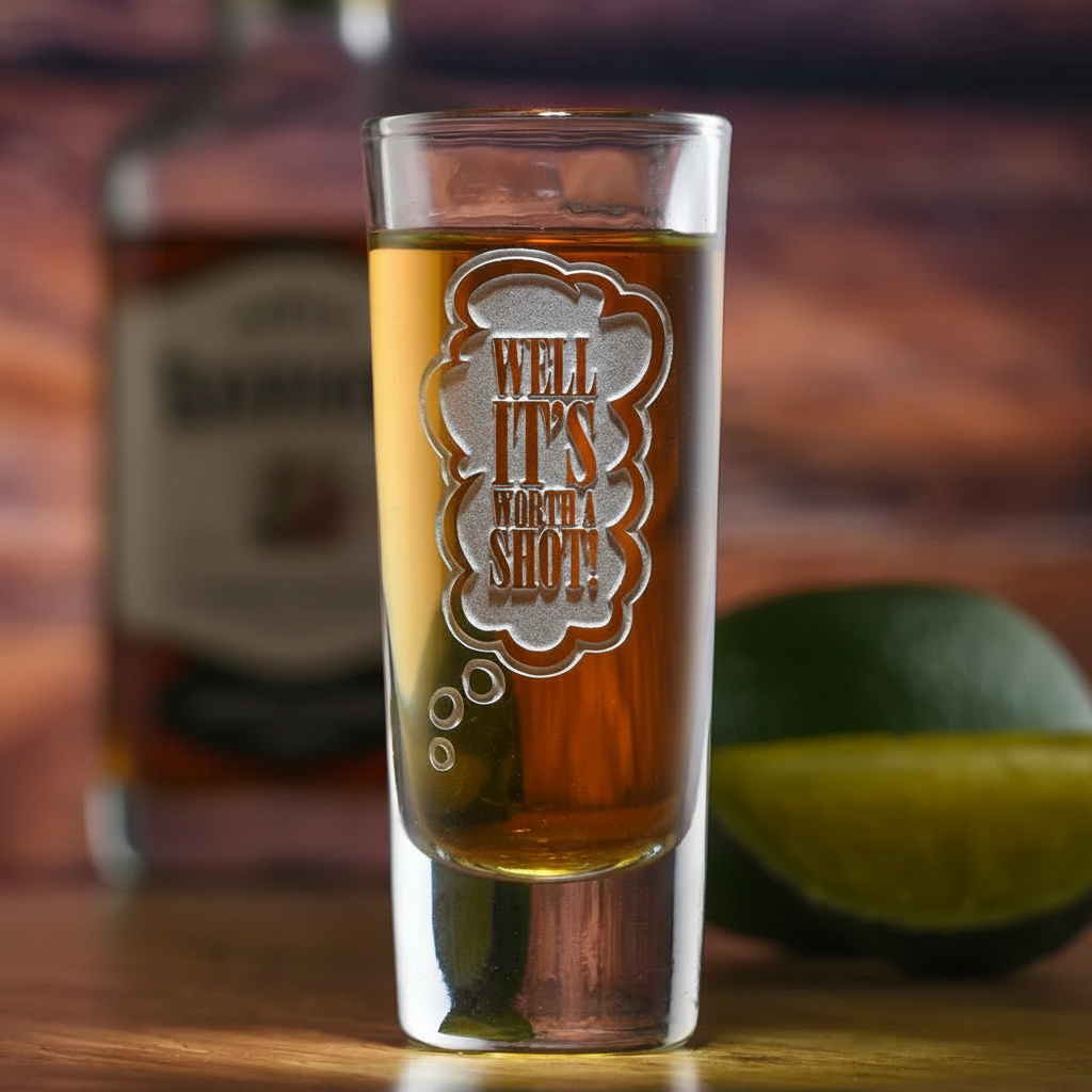 Worth a Shot Tall Shot Glass lifestyle shot showing the stock 'Well It's Worth a Shot' design engraving in a real-world setting