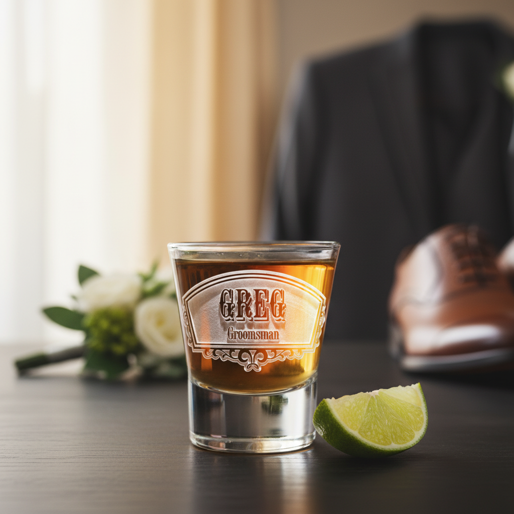 Standard Pour Personalized Shot Glass lifestyle shot showing the name in Western-style label with Groomsman script engraving in a real-world setting