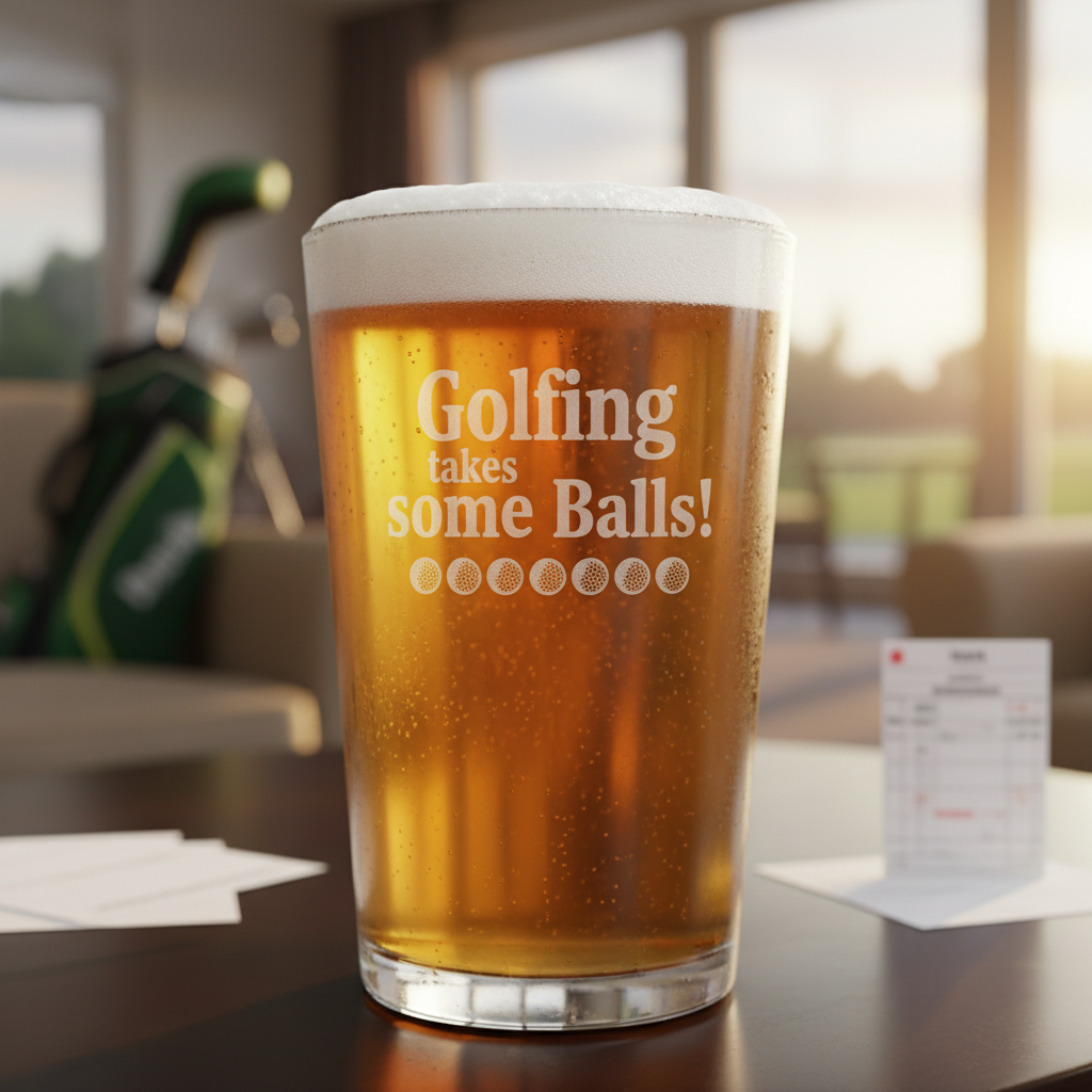 Takes Some Balls Personalized Pint Glass lifestyle shot showing the stock 'Golfing takes some Balls' design engraving in a real-world setting