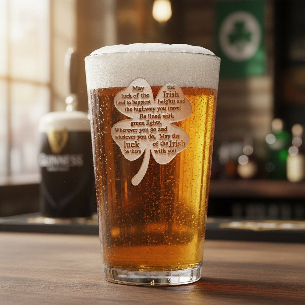 Shamrock Pub Personalized Pint Glass lifestyle shot showing the stock shamrock Irish blessing design engraving in a real-world setting
