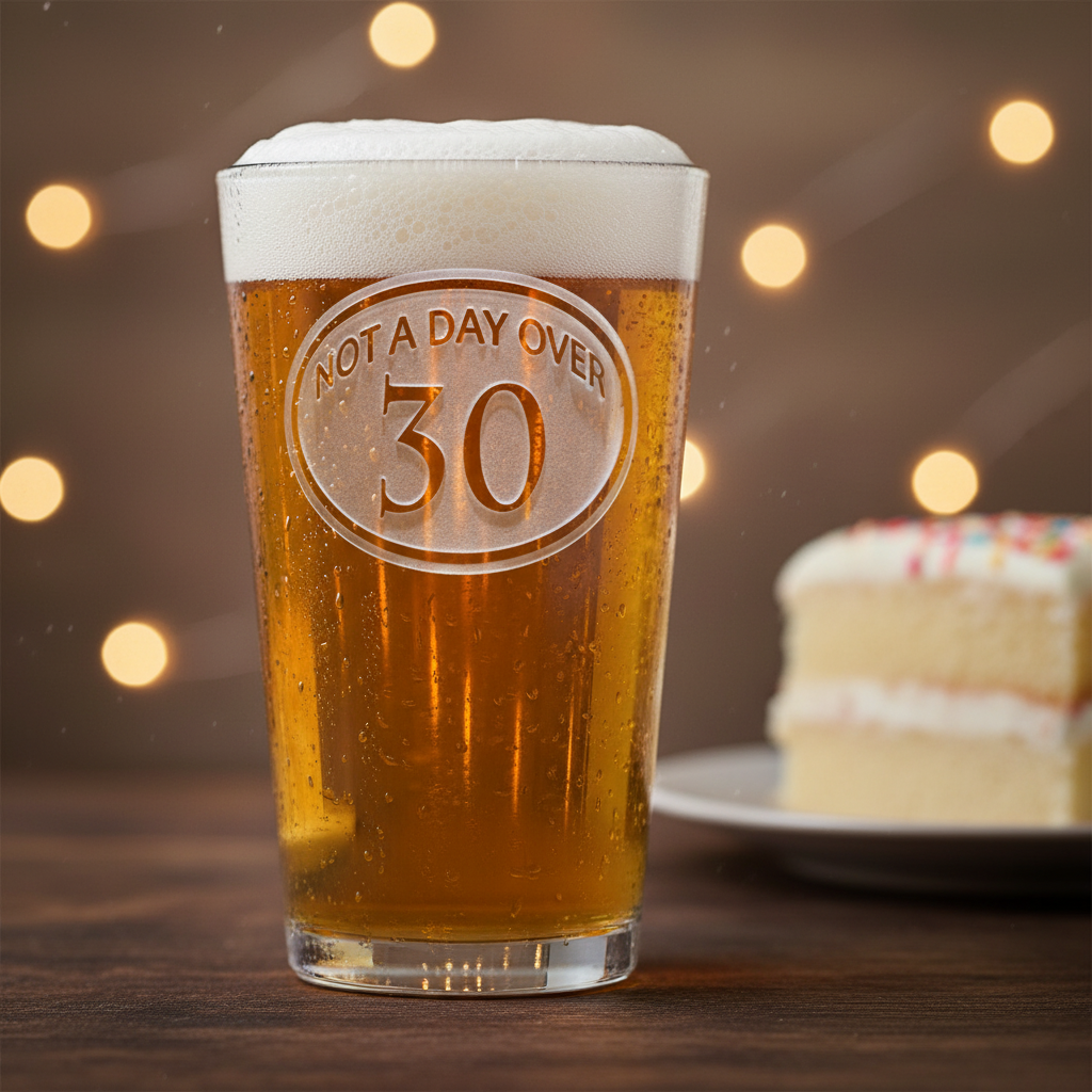 Milestone 30 Personalized Pint Glass lifestyle shot showing the stock 'NOT A DAY OVER 30' design engraving in a real-world setting