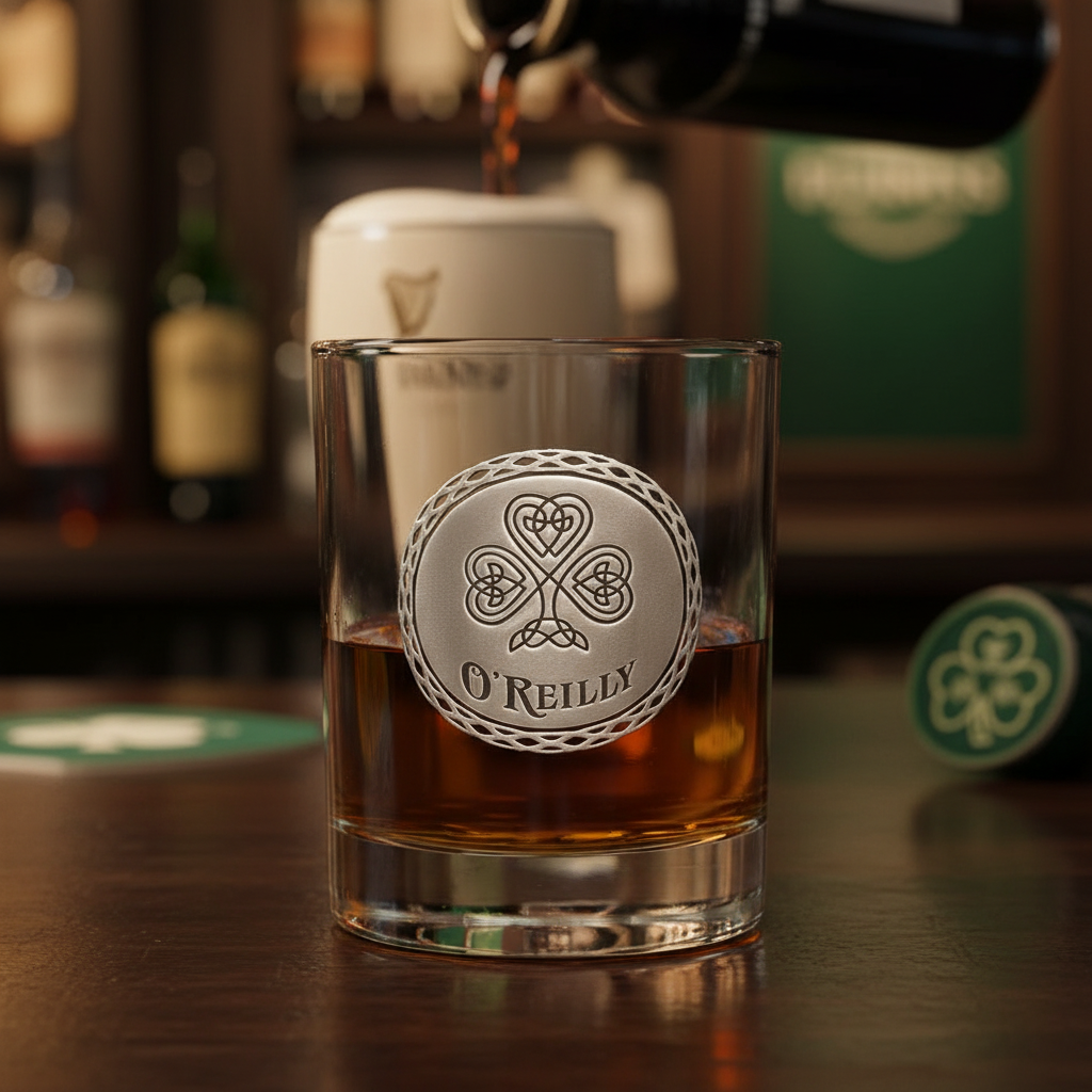 Celtic Shamrock Personalized Whiskey Glass lifestyle shot showing the Celtic shamrock medallion with family name engraving in a real-world setting