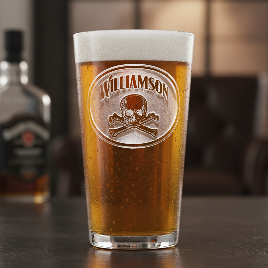 Crossbones Personalized Pint Glass lifestyle shot showing the arched name with skull and crossed bones engraving in a real-world setting