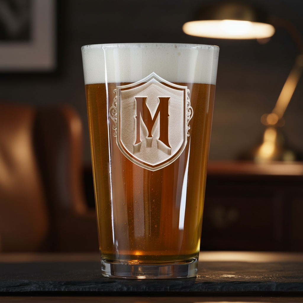 Shield Standard Personalized Pint Glass lifestyle shot showing the single bold initial inside heraldic shield engraving in a real-world setting