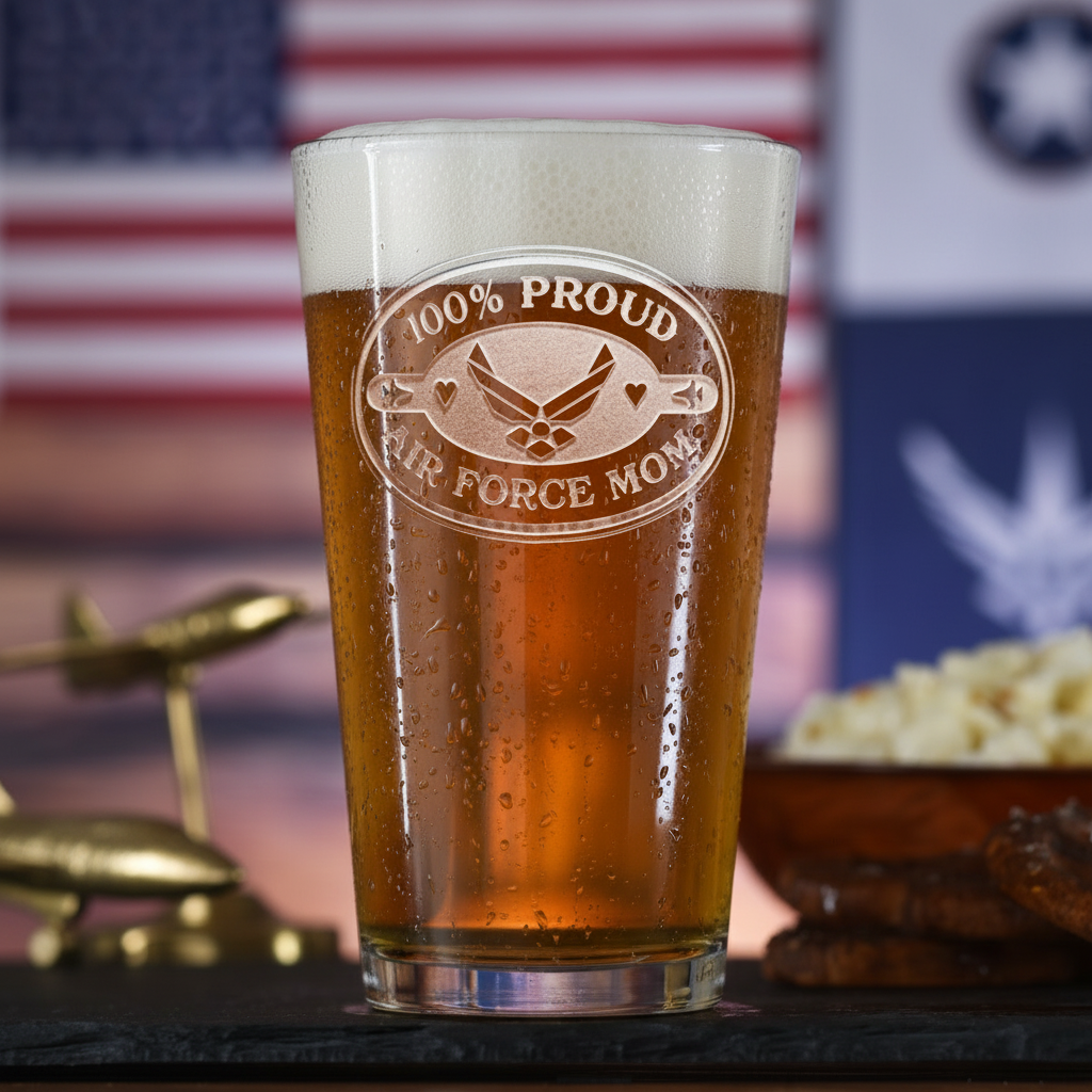 Air Force Mom Pint Glass lifestyle shot showing the stock '100% Proud Air Force Mom' winged design engraving in a real-world setting