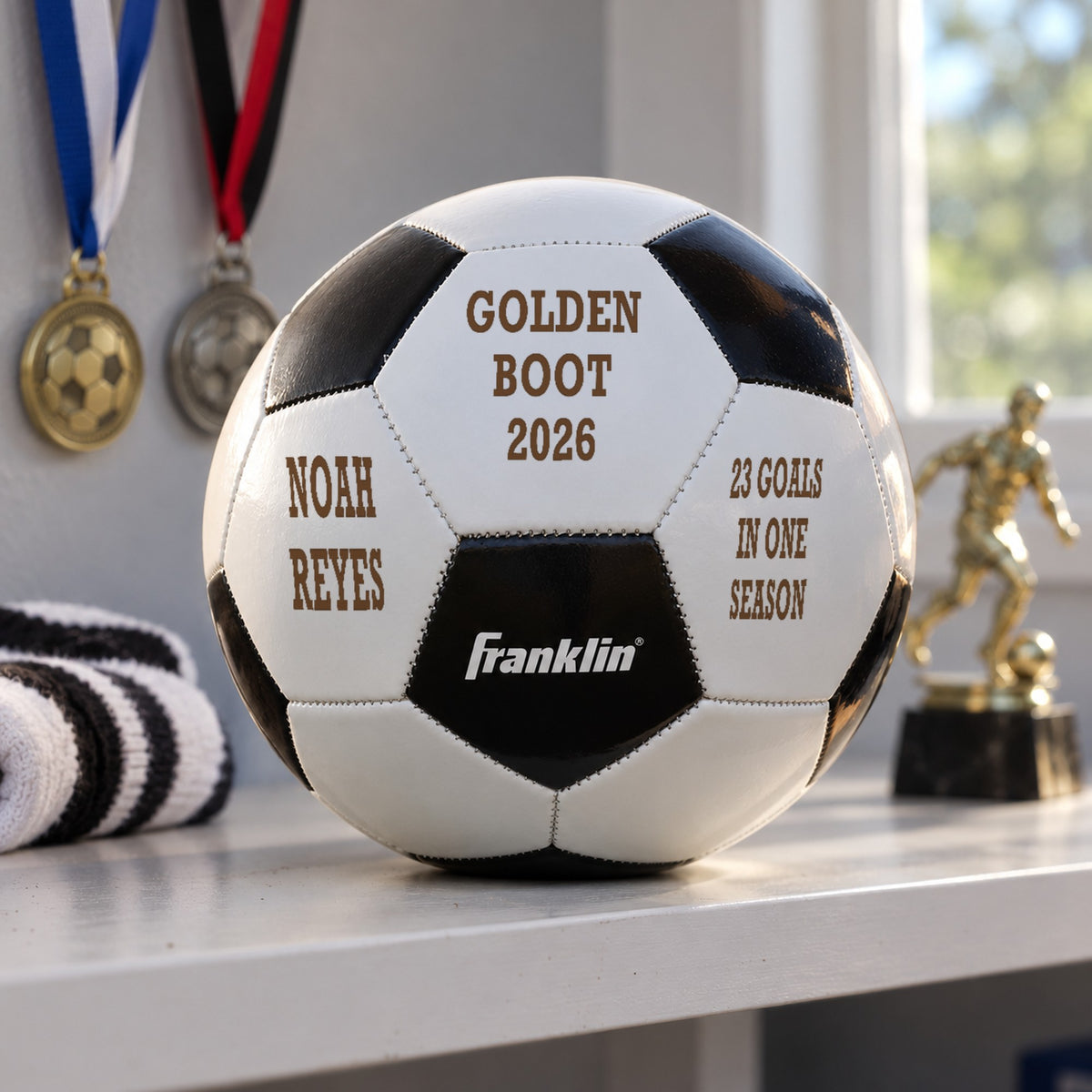 Engraved soccer ball reading Golden Boot 2026 with the player's name and 23 goals in one season, on a bedroom shelf beside medals and a trophy