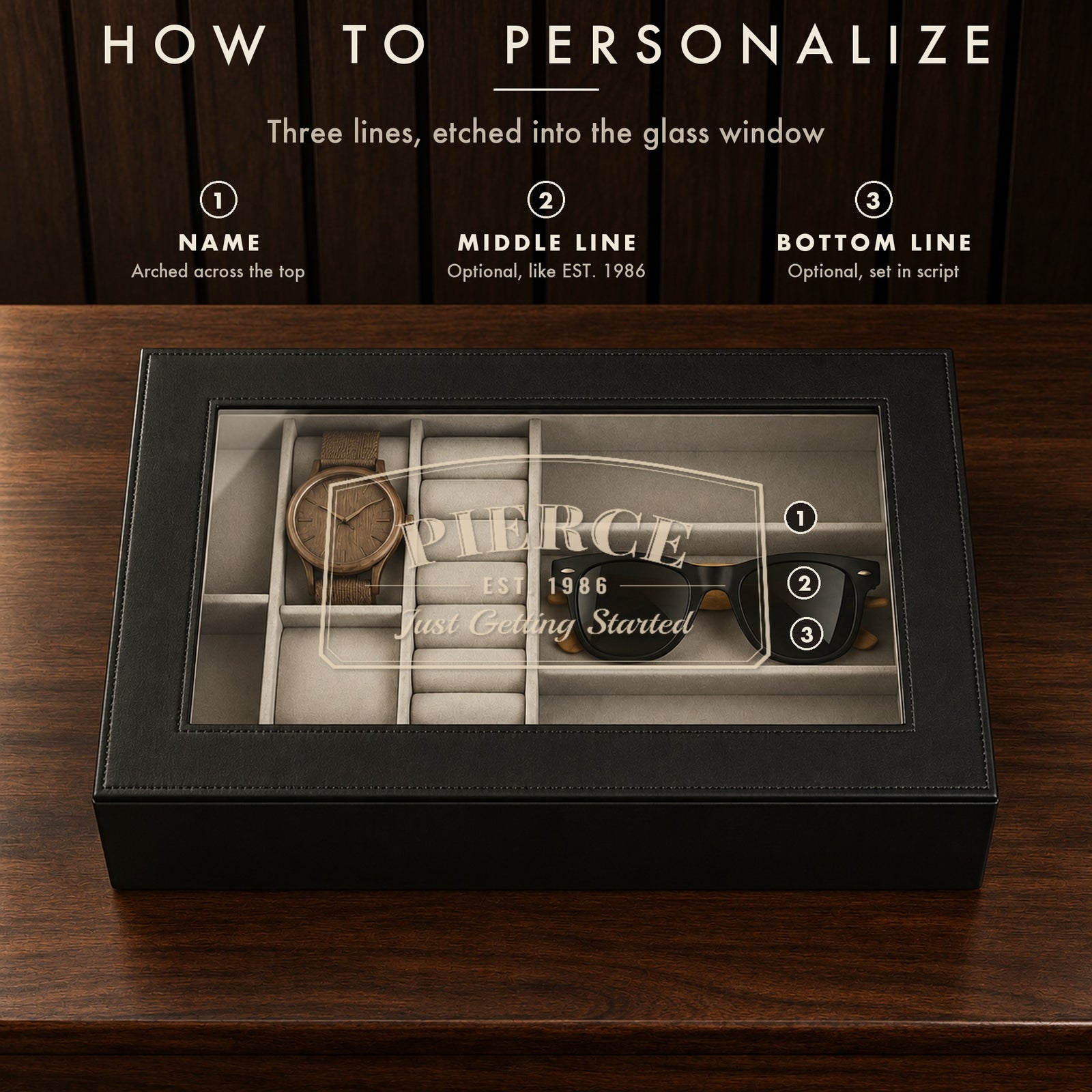 How to personalize the 40th birthday watch box: numbered guide to the name, middle line and bottom line etched into the glass window