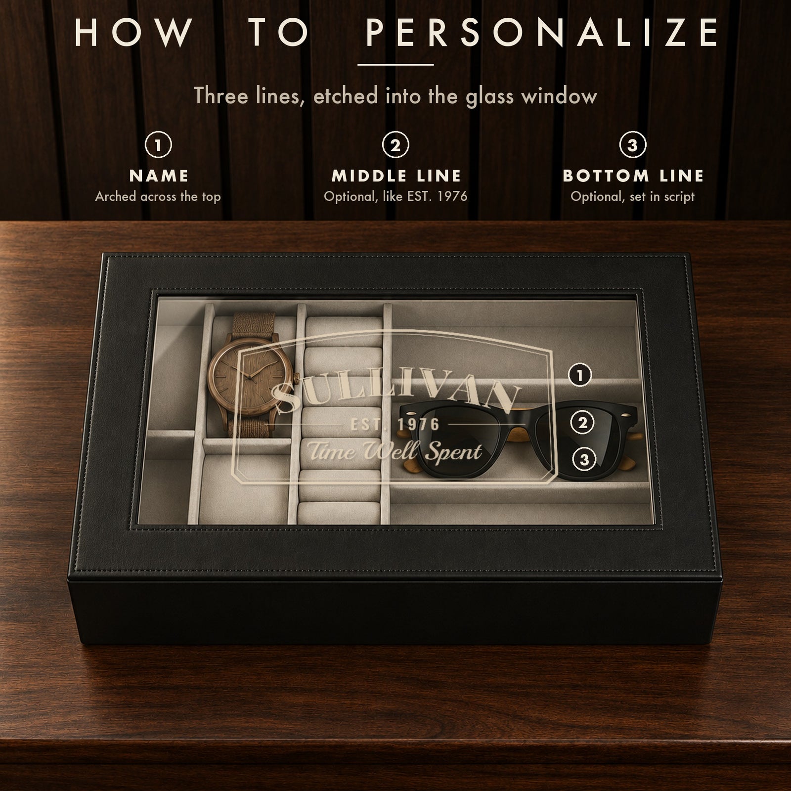 How to personalize the 50th birthday watch box: numbered guide to the name, middle line and bottom line etched into the glass window