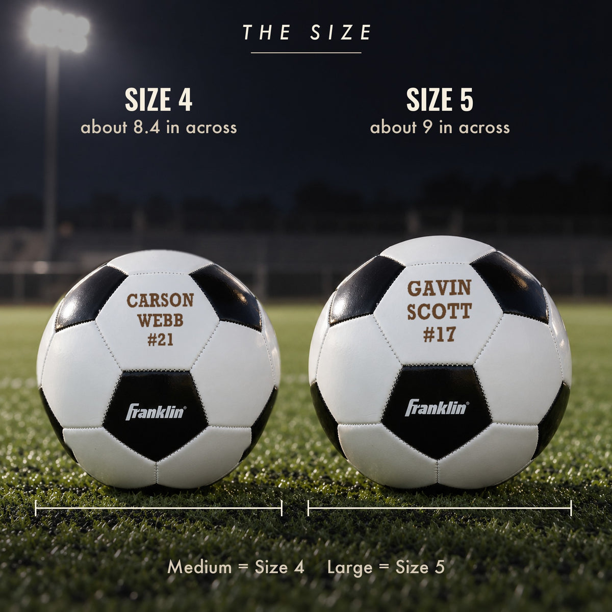 Size 4 and Size 5 personalized soccer balls side by side on turf, about 8.4 and 9 inches across, each engraved with a player name and number