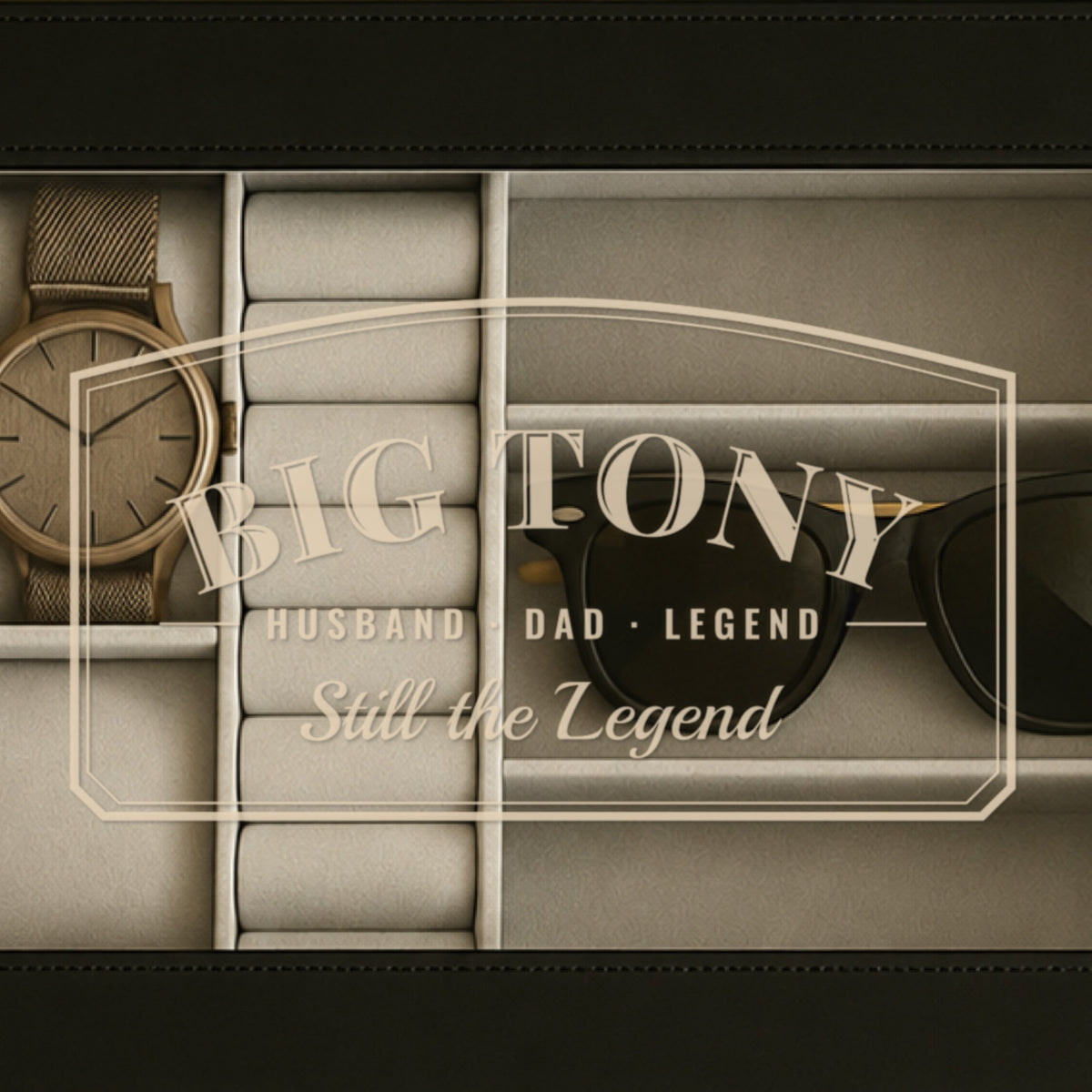 Close-up of the glass window etched with BIG TONY, Husband Dad Legend and Still the Legend, a gift for a 40 year old man who has everything
