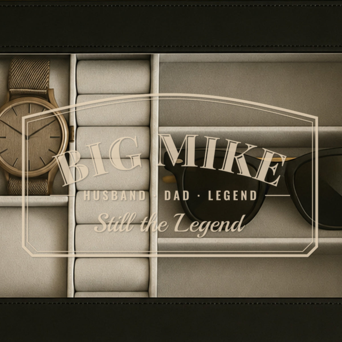 Close-up of the glass window etched with BIG MIKE, Husband Dad Legend and Still the Legend, a gift for a 50 year old man who has everything