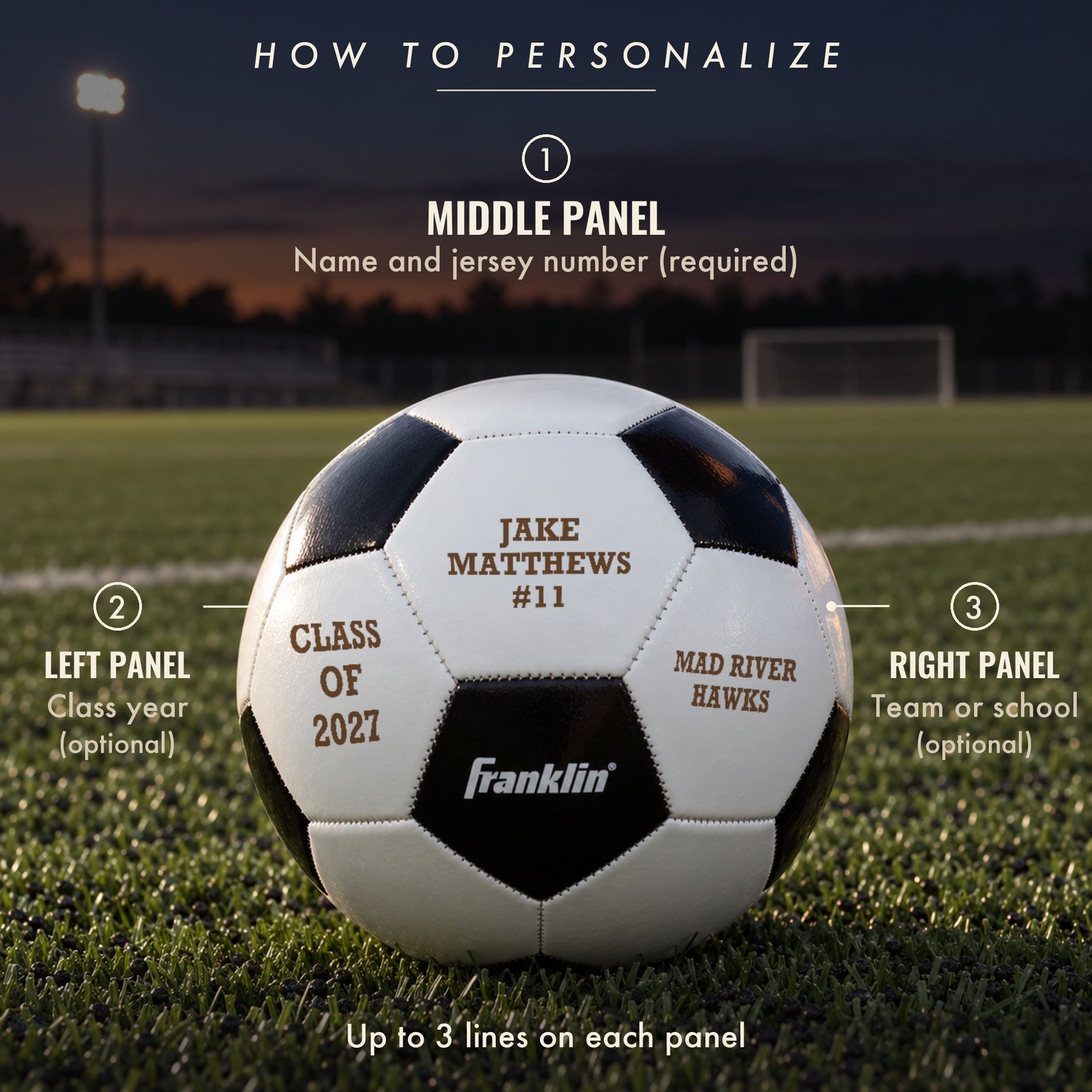 How to personalize the soccer ball: name and number on the middle panel, class year on the left panel, and team or school on the right panel