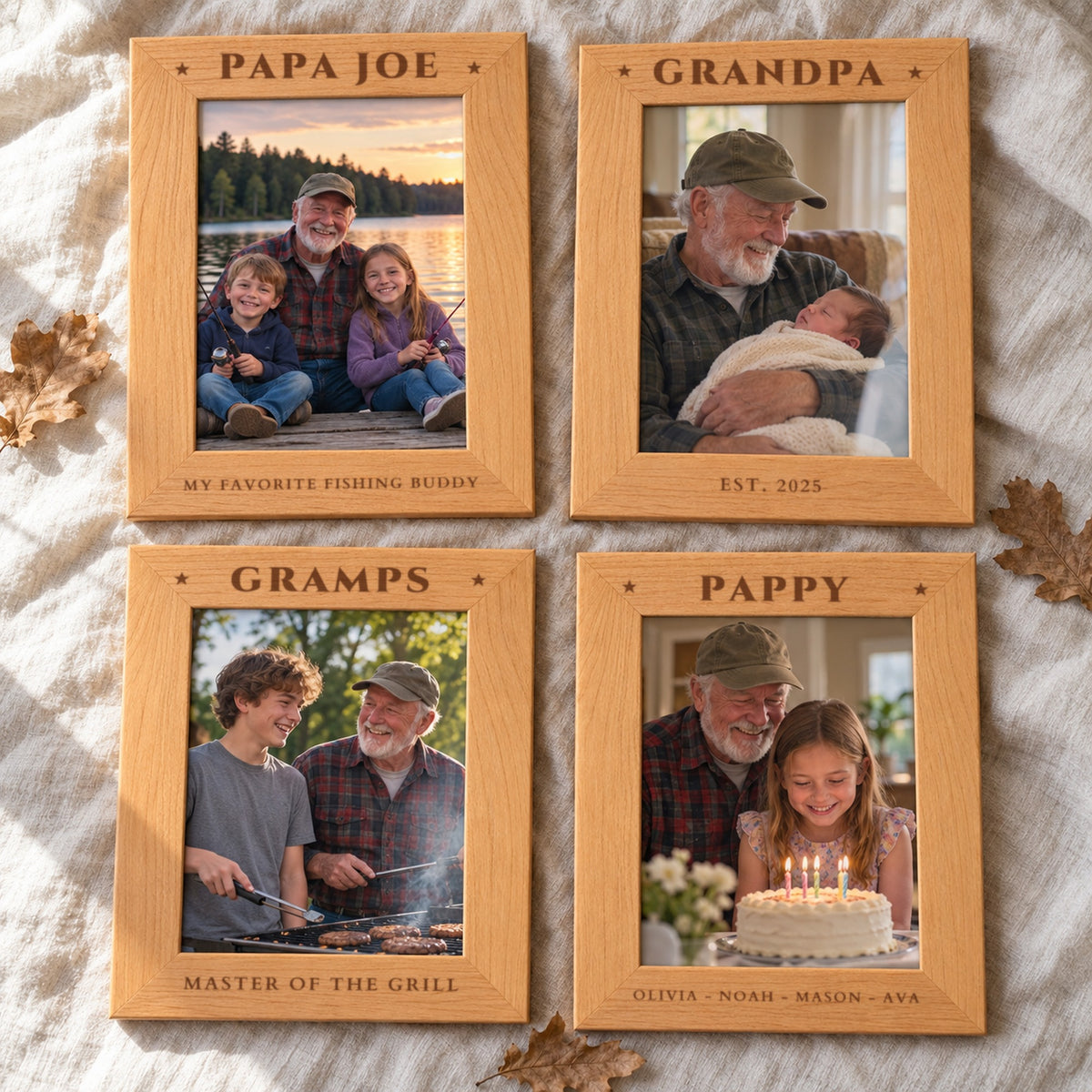 Four engraved grandpa picture frames showing ideas: PAPA JOE, GRANDPA EST. 2025, GRAMPS MASTER OF THE GRILL and PAPPY with four grandkids names