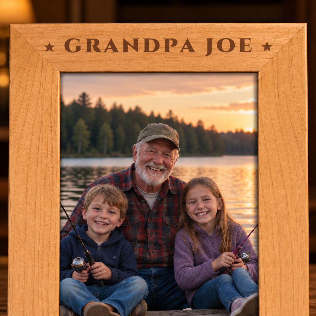 Close-up of the laser engraved top border of a red alder grandpa picture frame reading GRANDPA JOE between two stars, burned warm brown into the wood grain