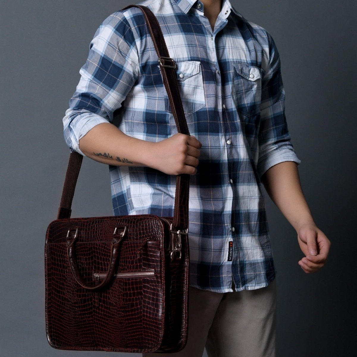 Unique Personalized Croco Leather Computer Bag, Dark Brown Customized Gifts for Men by Groovy Guy