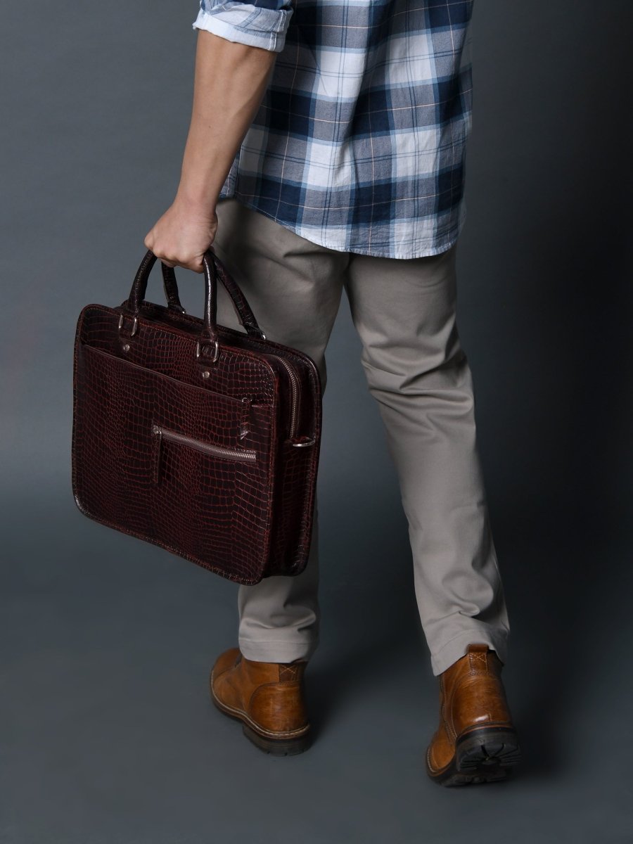 Unique Personalized Croco Leather Computer Bag, Dark Brown Customized Gifts for Men by Groovy Guy