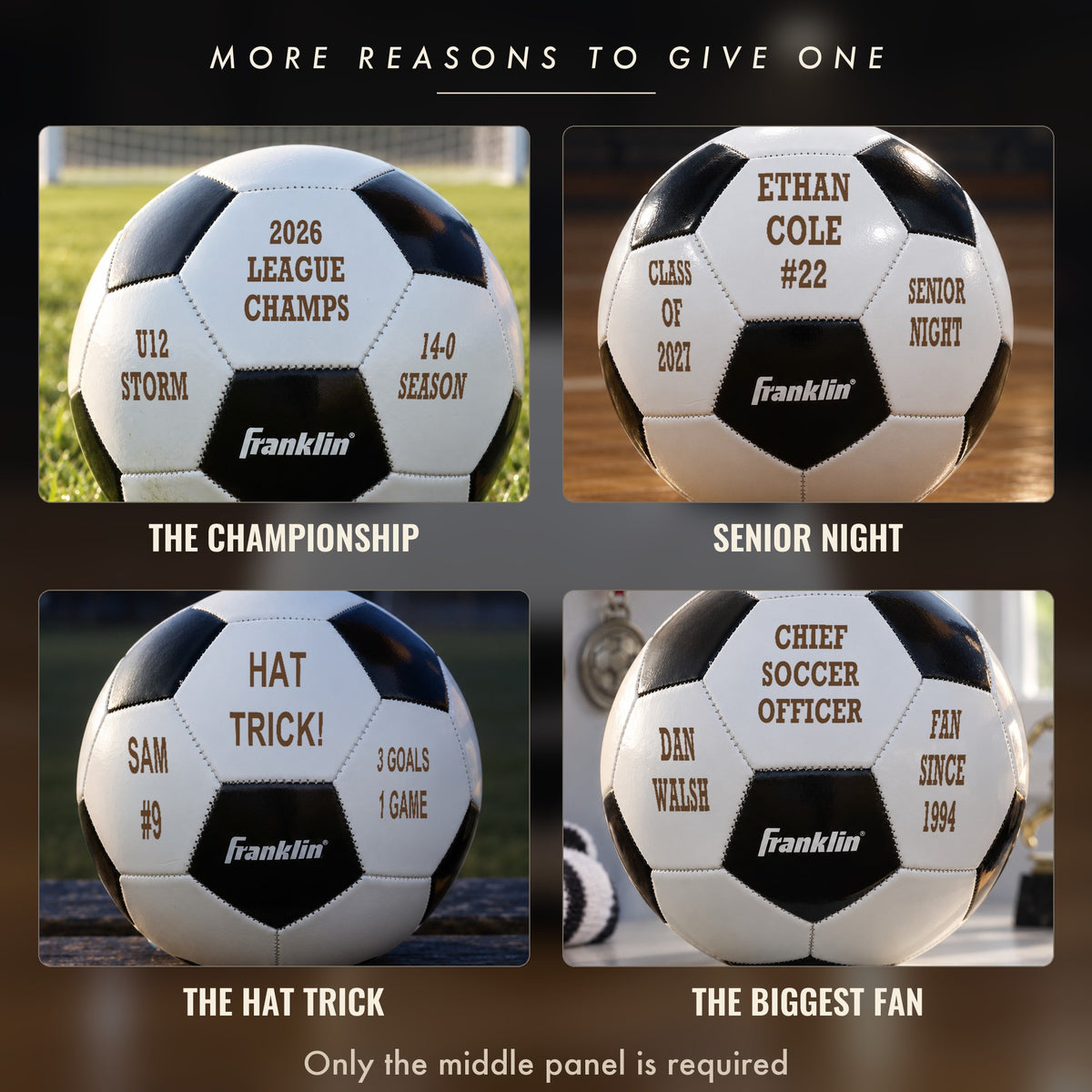Four more personalized soccer ball ideas: a league championship, senior night, a hat trick, and a Chief Soccer Officer ball for a grown-up fan