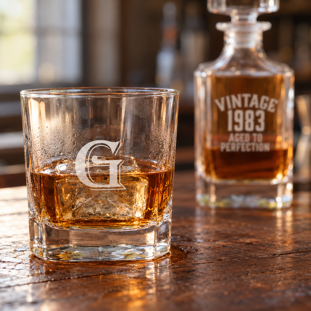 Close-up of a rocks glass engraved with a large letter G, poured with whiskey over ice, with the engraved vintage birthday decanter behind it