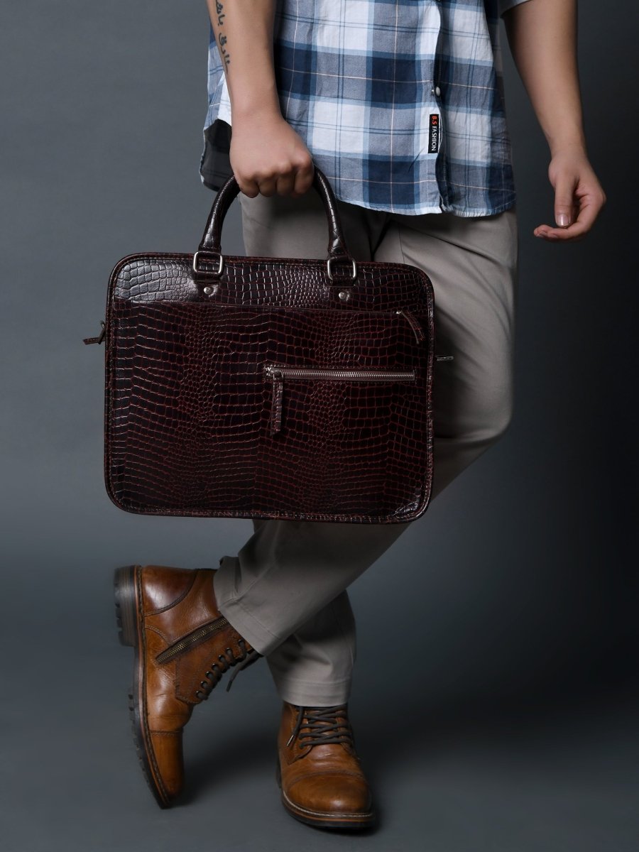 Unique Personalized Croco Leather Computer Bag, Dark Brown Customized Gifts for Men by Groovy Guy