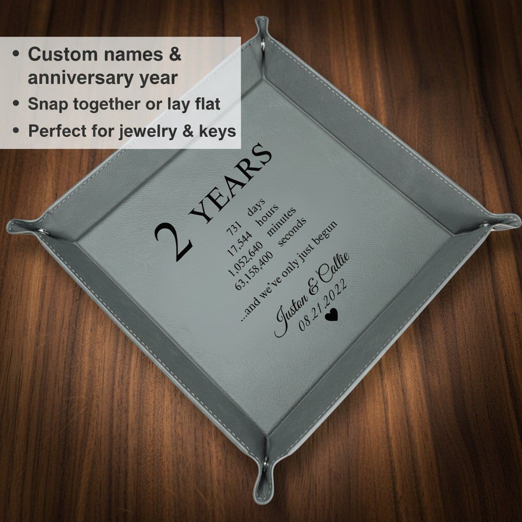 Gray leather valet tray with personalized engraving showing "2 YEARS" broken down into days, hours, minutes and seconds, with sample names "Justin & Callie" and date "08/21/2022