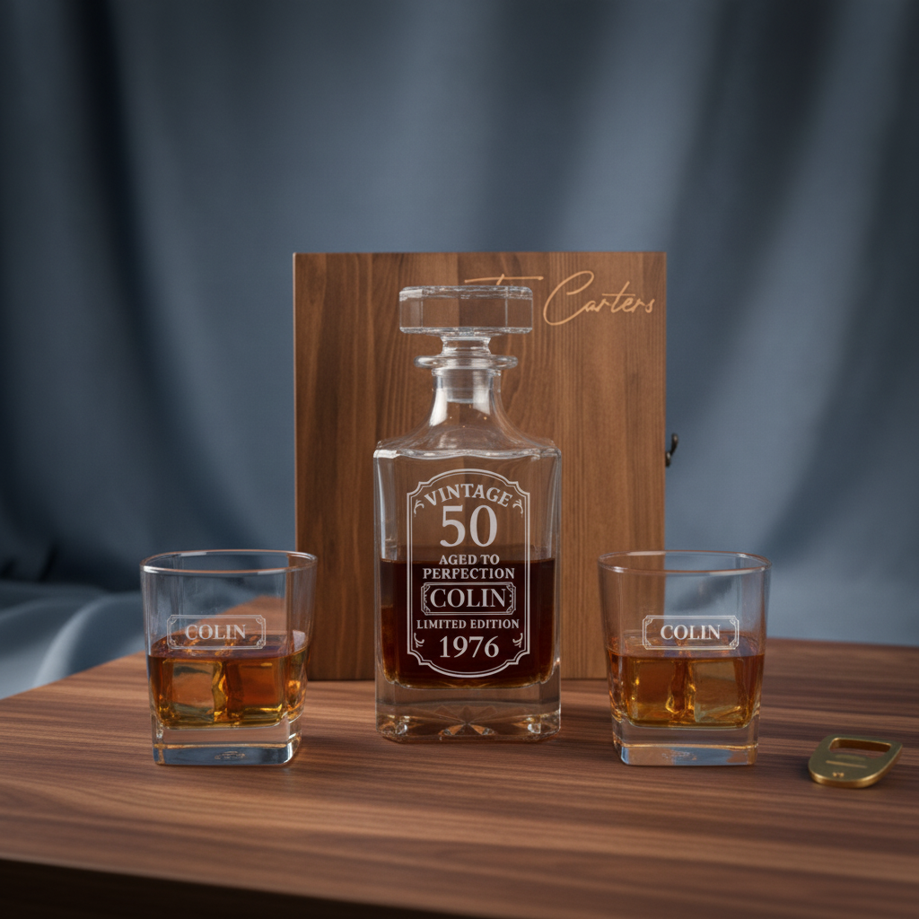 Personalized whiskey decanter set with sample engraving showing "COLIN" name and "1976" birth year, flanked by two matching glasses filled with amber liquid on wooden surface