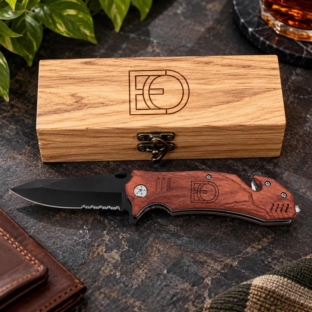 Logo Personalized Wood Rescue Knife &amp; Gift Box Set