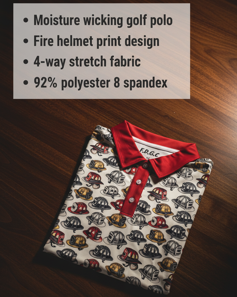Moisture-wicking golf polo laid flat, displaying red collar and fire helmet print design in red, black, and gold across cream fabric