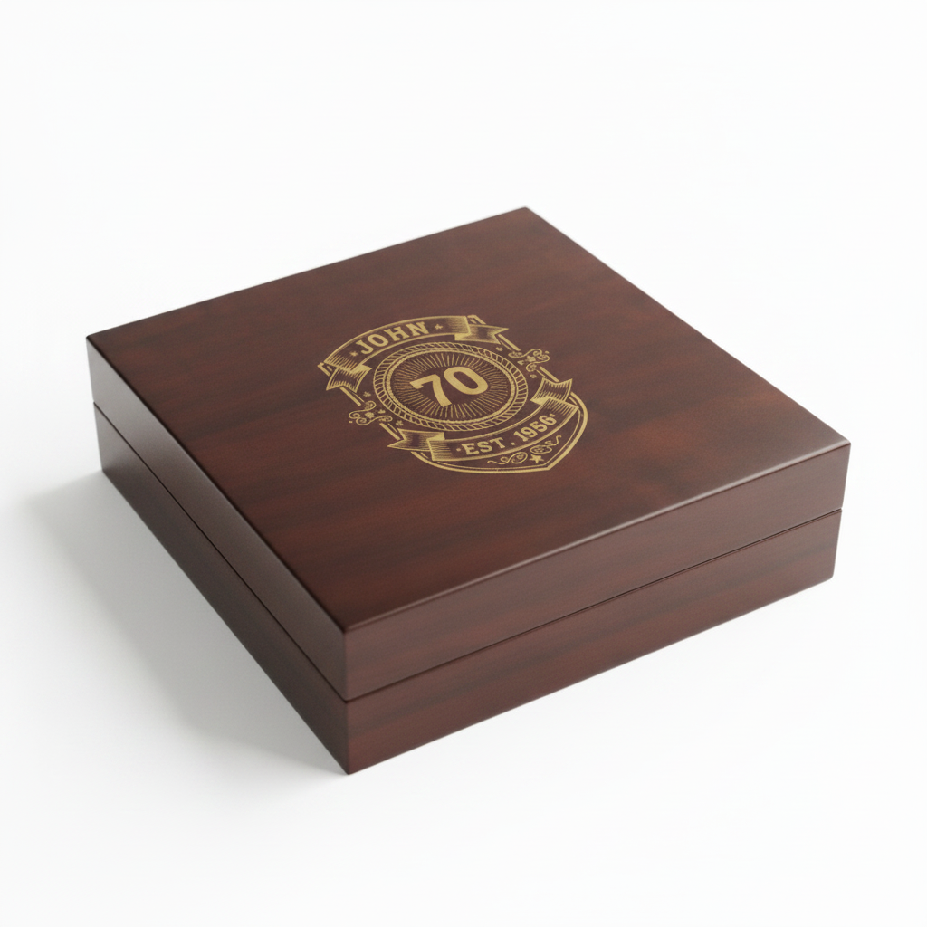 Personalized 70th birthday keepsake box in dark cherry wood engraved with a gold vintage crest showing a name, the number 70, and the birth year, on a clean white studio background