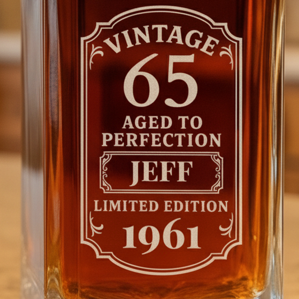 Close-up of the laser engraved Vintage 65 Aged to Perfection label on a personalized birthday whiskey decanter, showing the name Jeff and the year 1961.