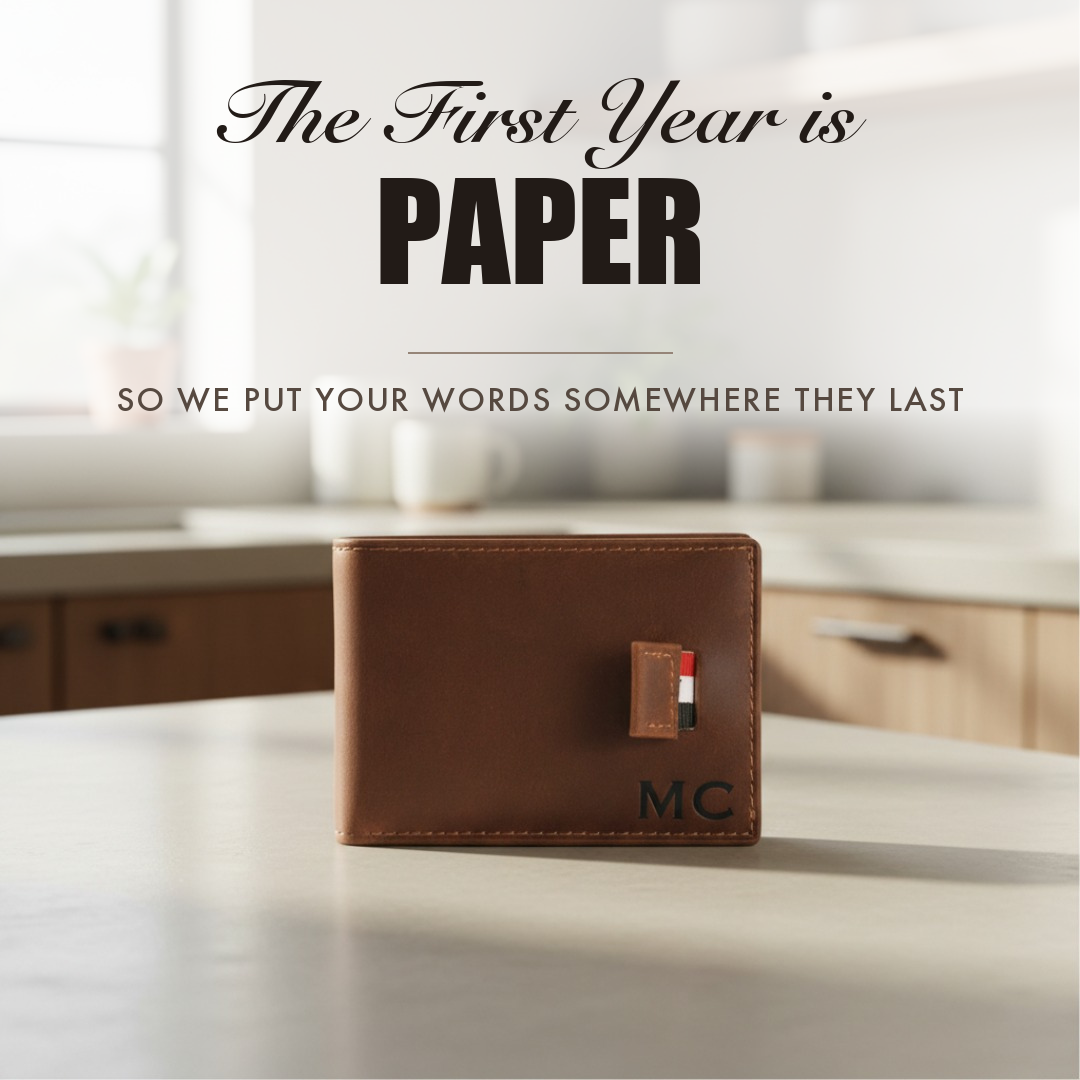 Brown leather bifold wallet engraved with initials, captioned The First Year is Paper, positioned as a 1 year anniversary gift for him.