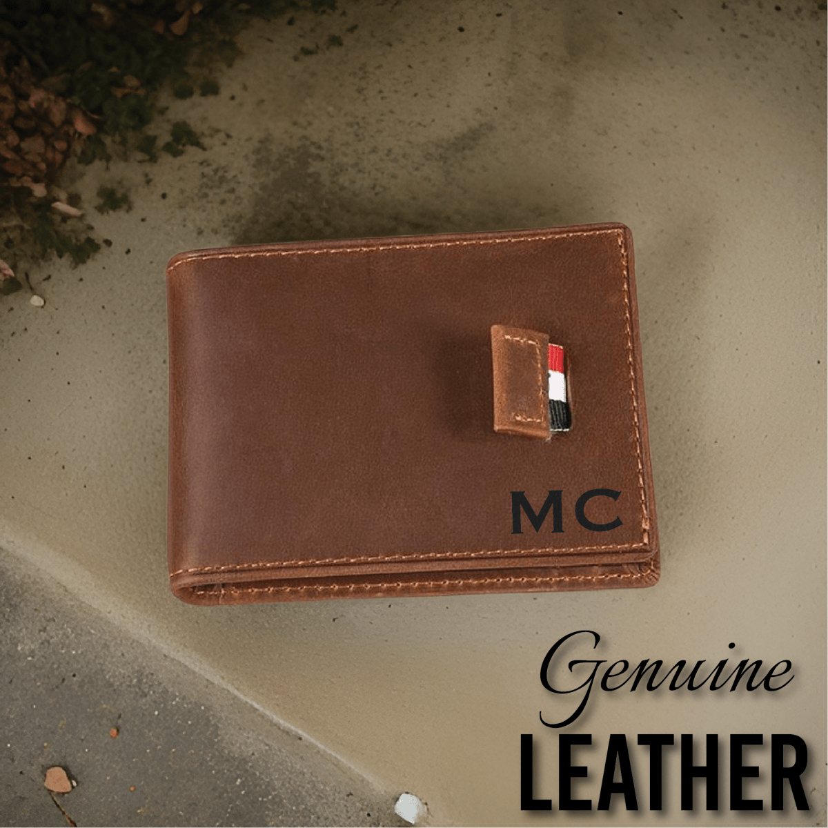 Closed brown genuine leather bifold wallet engraved with the initials MC on the front, resting on a textured concrete surface.
