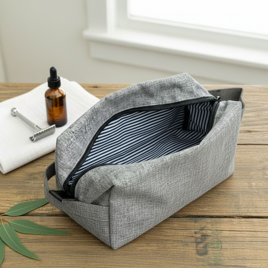 Gray poly-canvas dopp kit displayed open, showing navy and white striped interior lining and black zipper, styled with grooming essentials nearby