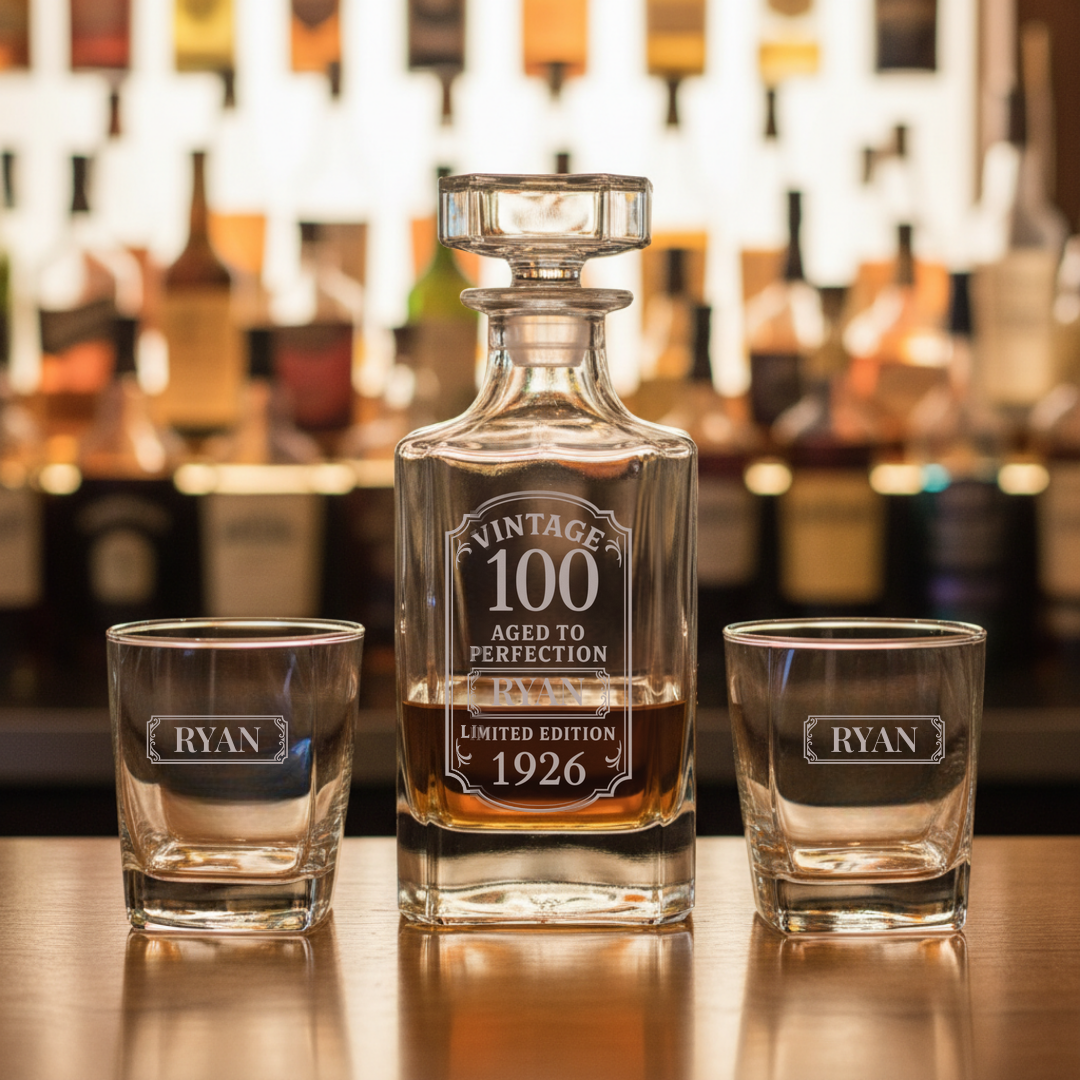 Personalized 100th birthday whiskey decanter engraved Vintage 100 Aged to Perfection, shown on a home bar with two engraved rocks glasses