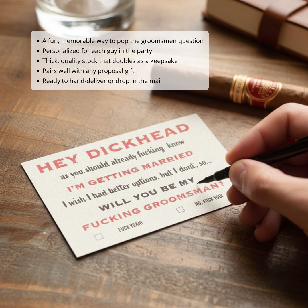 Hand holding pen pointing to printed proposal card with humorous text and checkbox options on wooden surface with cigar and glass in background