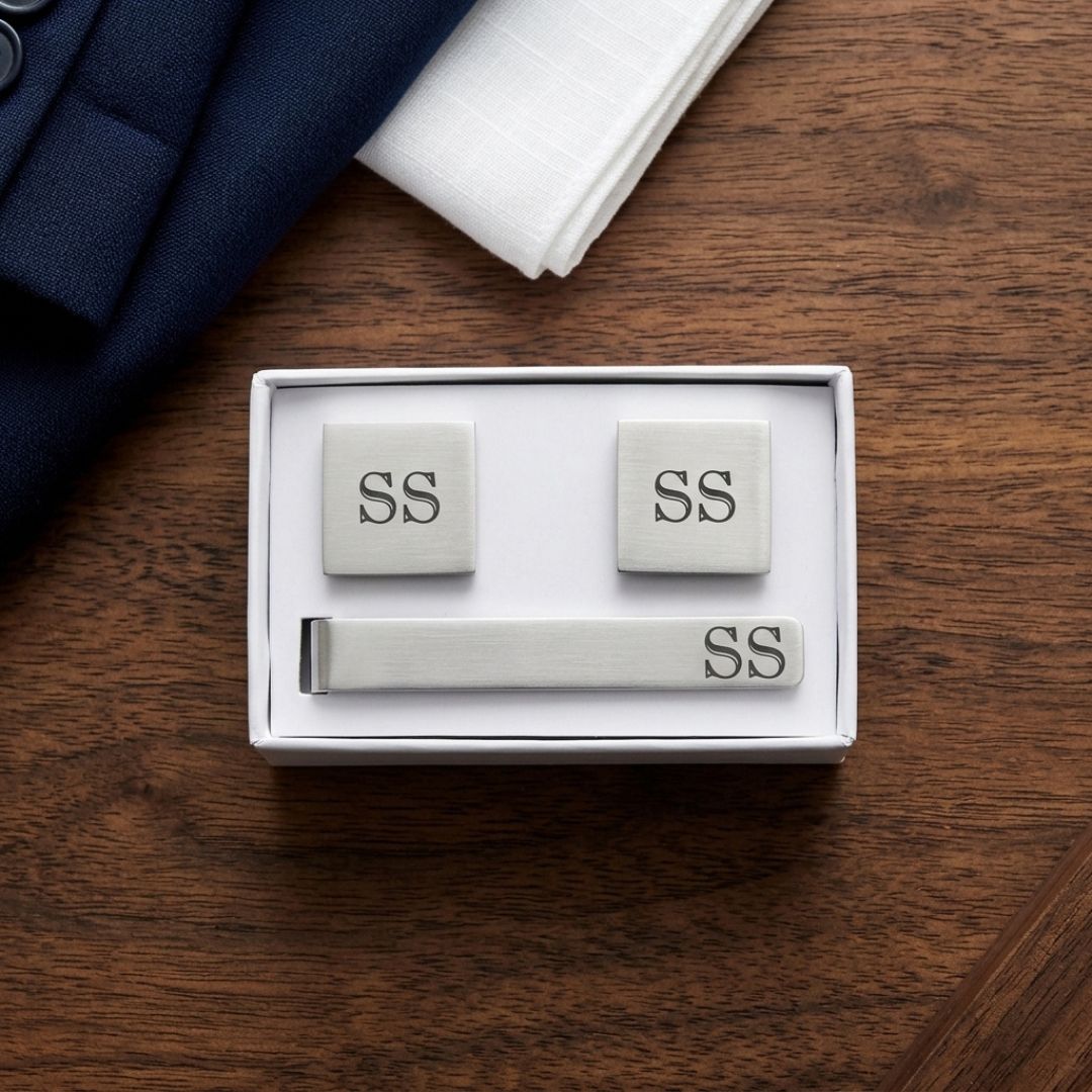 Brushed stainless steel cufflinks and tie bar set with sample monogram "SS" engraved on each piece, displayed in white gift box packaging on wood surface with navy fabric nearby
