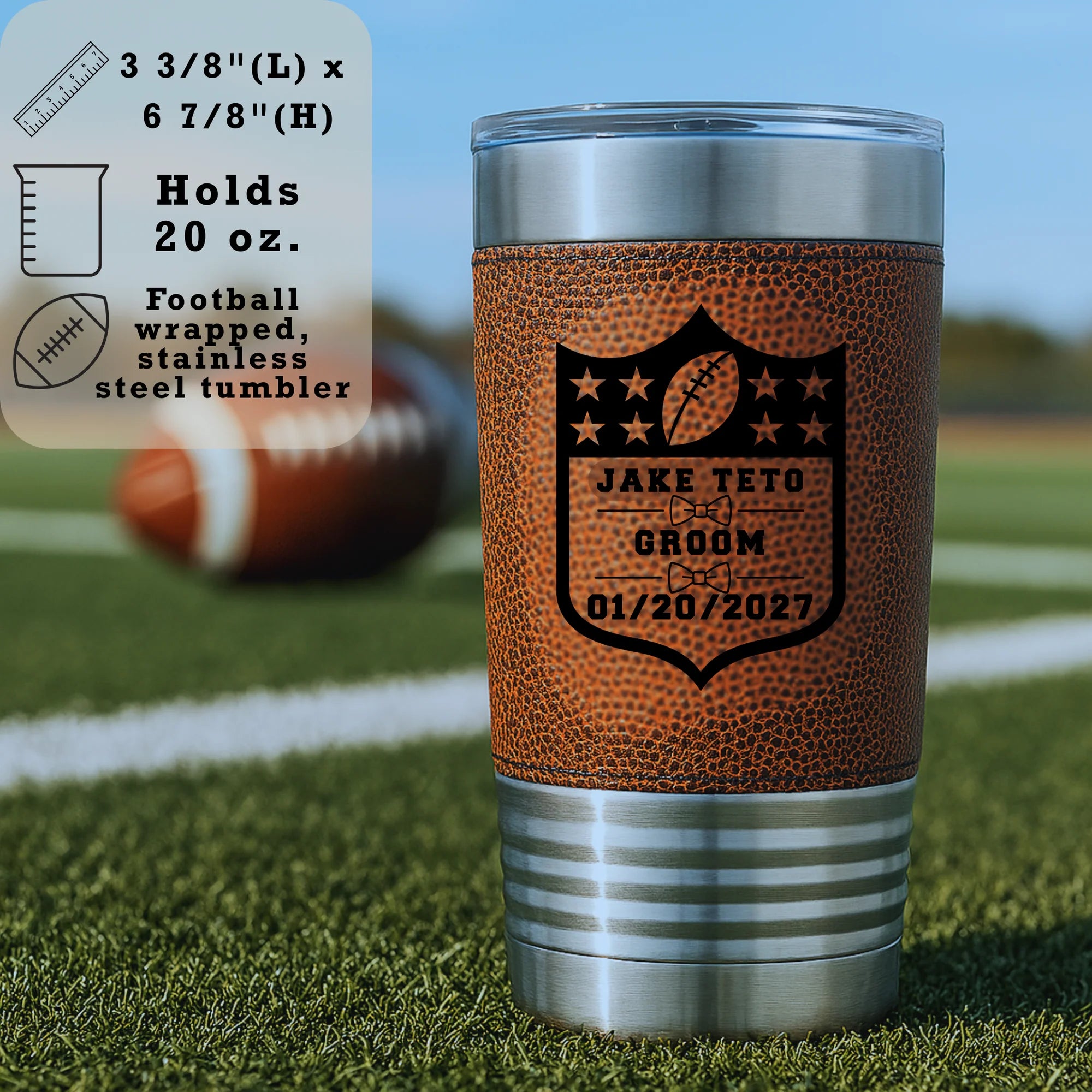 Football-themed stainless steel tumbler with personalized name, role, and wedding date engraving