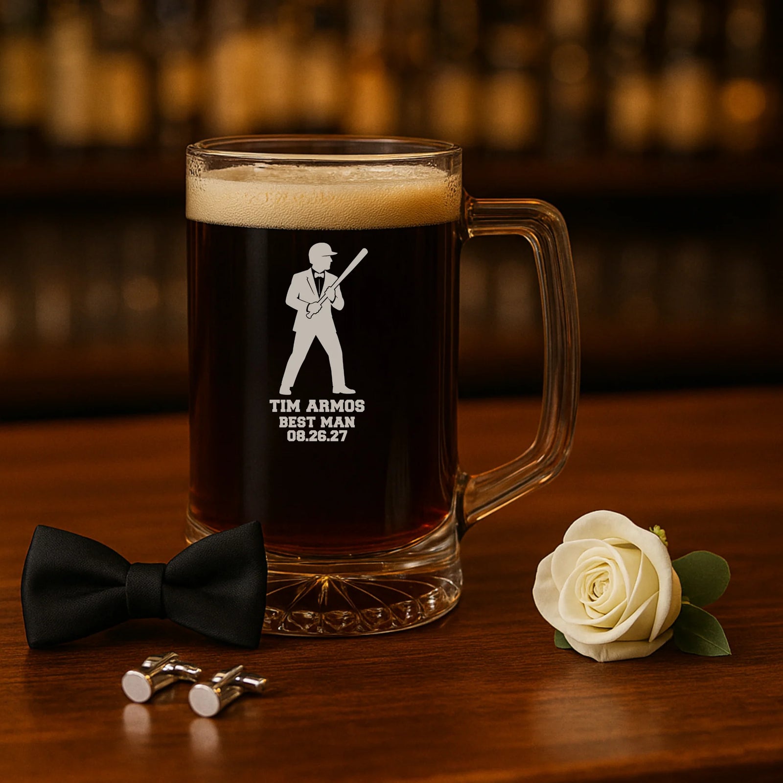 Custom Pinch Hitter Groomsmen Beer Mug with engraved name, role, wedding date, and baseball silhouette design