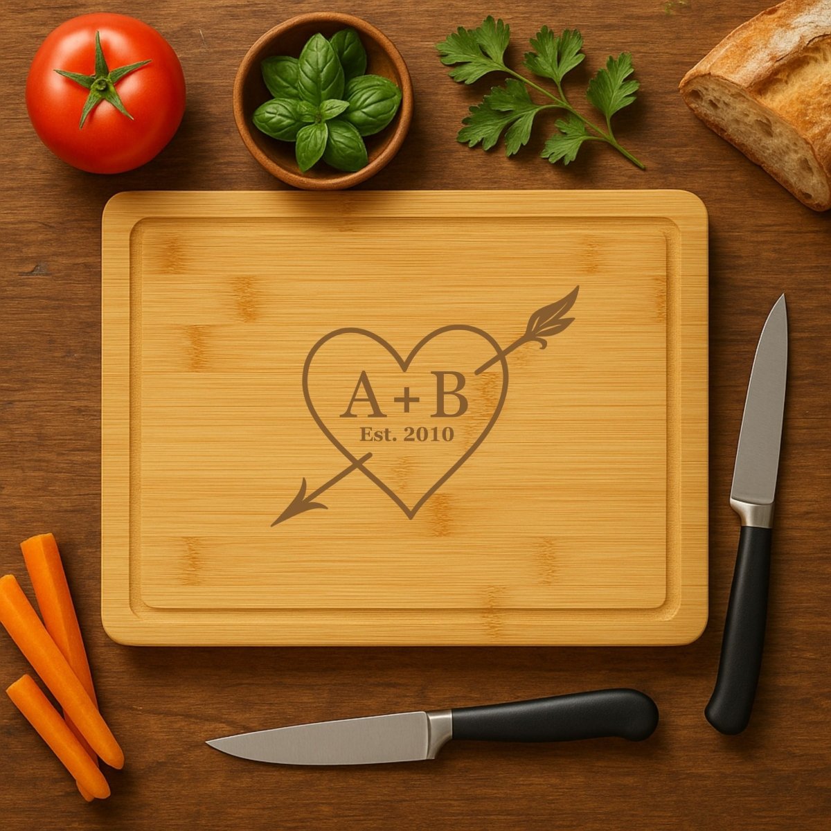 Personalized bamboo cutting board with engraved heart, initials, and “Est. 2010” for anniversary gift