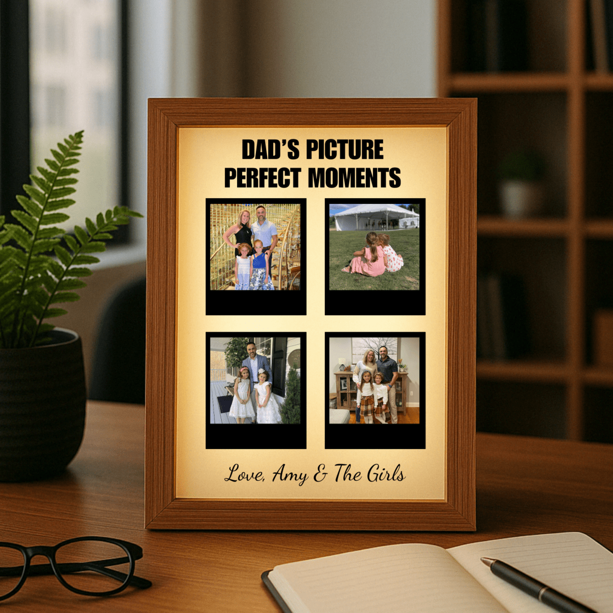 Personalized light-up photo frame gift for dad with custom title, message, and four family photos
