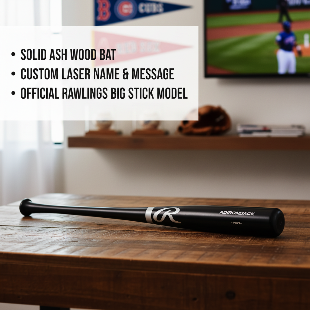 Rawlings Big Stick baseball bat with black barrel resting on wooden surface, showing laser-engraved Rawlings logo and sample branding detail